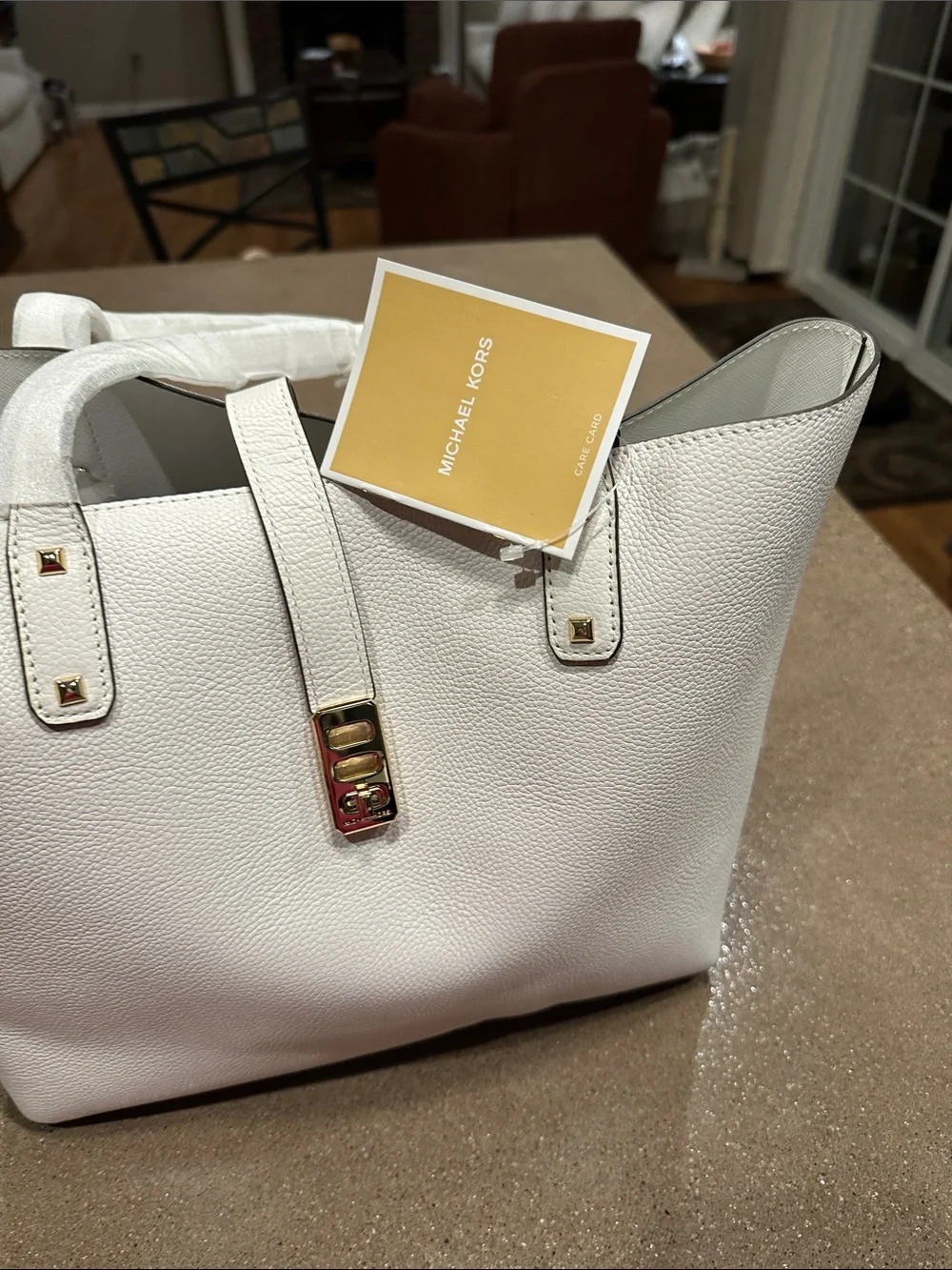 Michael Kors White Leather Shoulder Tote with Gold Hardware